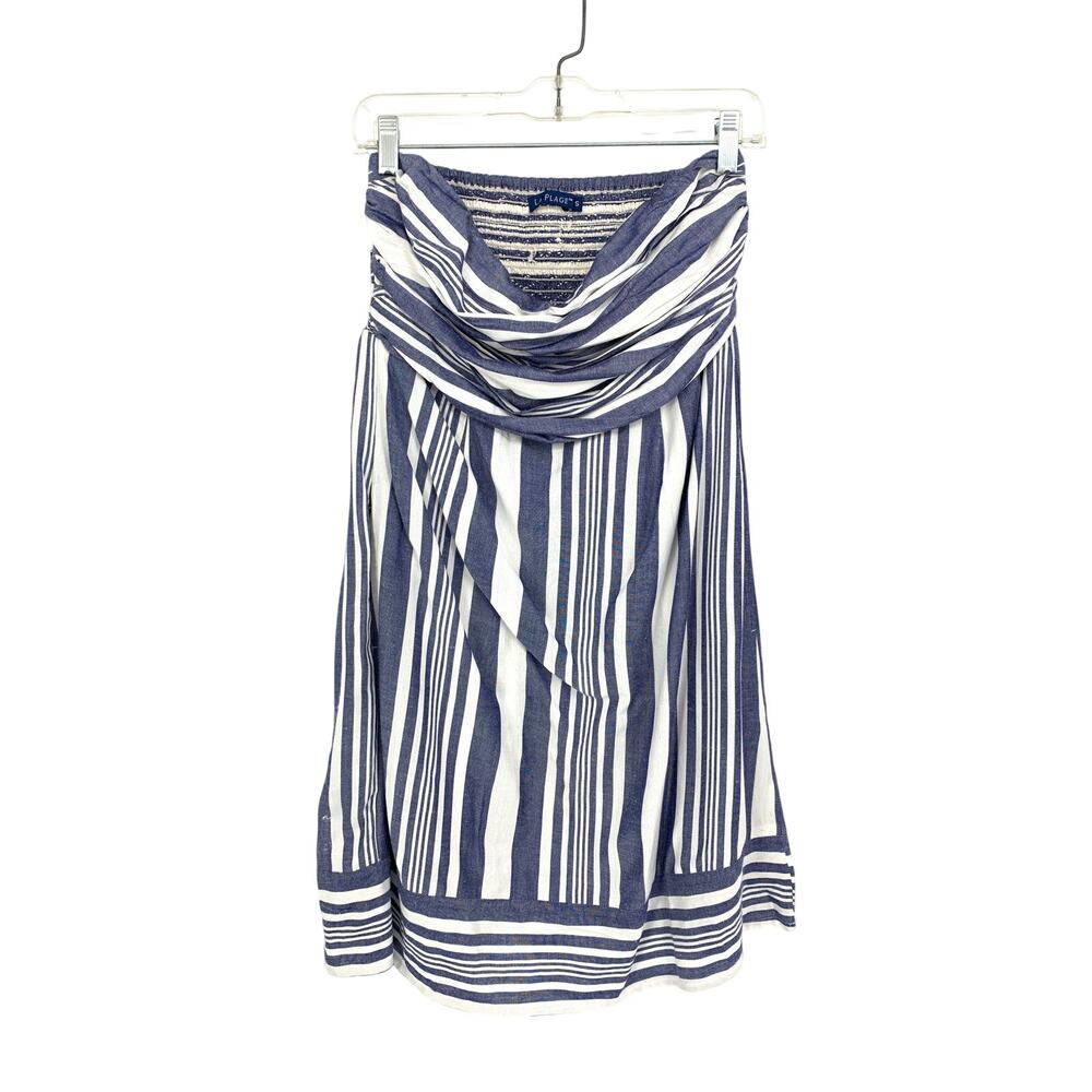 La Plage Strapless Dress Womens Sz S Ruched Front Blue White Stripe Smocked Back